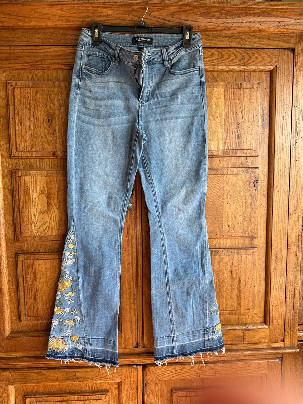 Light Blue Denim Flare Jeans with Yellow & White Floral Embroidery